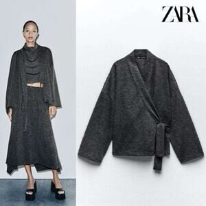 Zara Grey SOFT WRAP KIMONO Knit Sweater Size Medium